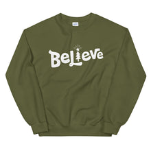 Load image into Gallery viewer, A hunter green sweatshirt on a white background. The sweatshirt features the word Believe in white with the &quot;I&quot; of Believe as an illustrated Christmas tree. 