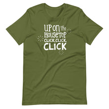 Load image into Gallery viewer, An olive green T-shirt on a white background. The navy shirt features words in white reading &quot;Up on the housetop, click, click, click&quot; in white. There are three stars around the words in white. 
