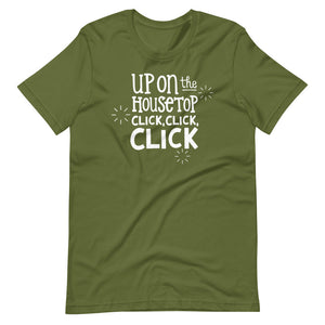 An olive green T-shirt on a white background. The navy shirt features words in white reading "Up on the housetop, click, click, click" in white. There are three stars around the words in white. 