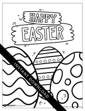 Load image into Gallery viewer, An image showing the coloring page. The letters and design are featured with open space to be able to be coloured in. The coloring page reads “Happy Easter” with illustrated Easter eggs to color in.The words instant download are on top of the coloring page image. 