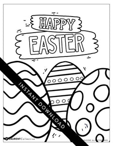 An image showing the coloring page. The letters and design are featured with open space to be able to be coloured in. The coloring page reads “Happy Easter” with illustrated Easter eggs to color in.The words instant download are on top of the coloring page image. 