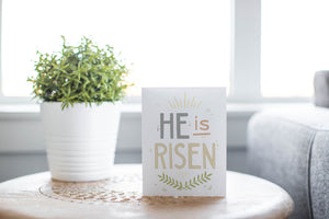 A photo of a card featured on a tabletop next to a white planter filled with a green plant. ​​The card features the words “He is Risen” with palm leaves at the bottom of the design. 
