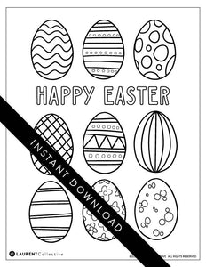 An image showing the coloring page. The letters and design are featured with open space to be able to be coloured in. The coloring page features illustrated Easter eggs with fun patterns to color in with the words “Happy Easter” in the middle of the eggs. 