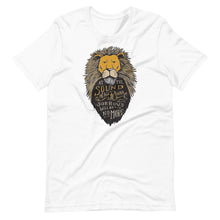 Load image into Gallery viewer, A white short sleeved T-Shirt on a white background. The T-Shirt features hand drawn illustration of the Chronicles of Narnia lion character Aslan. Inside the illustration there is the quote “At The Sound of Your Roar, Sorrows Will Be No More.”
