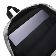 Load image into Gallery viewer, The inside of a backpack showing the laptop pocket. The backpack is a light gray with a pattern of illustrations in darker gray and white. The pattern of illustrations features test tubes, microscopes, magnifying glasses, protective science goggles, atom models and the words &quot;Science is cool.&quot;