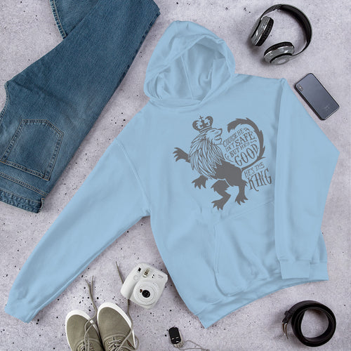 A light blue hoodie laying on the ground with objects around it. The hoodie features hand drawn illustration of the Chronicles of Narnia lion character Aslan. Inside the illustration there is the quote 