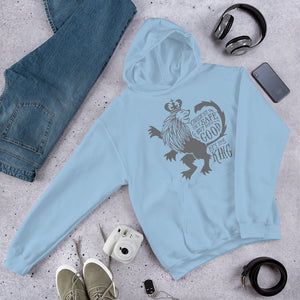 A light blue hoodie laying on the ground with objects around it. The hoodie features hand drawn illustration of the Chronicles of Narnia lion character Aslan. Inside the illustration there is the quote "Course He Isn't Safe, But He's Good. He's the King."