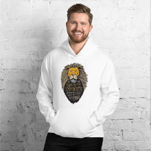 Load image into Gallery viewer, A man wearing a white hoodie. The hoodie features hand drawn illustration of the Chronicles of Narnia lion character Aslan. Inside the illustration there is the quote “At The Sound of Your Roar, Sorrows Will Be No More.”