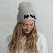 Load image into Gallery viewer, A woman wearing a light grey beanie hat with the word Mama in black lettering with a small heart after the word. This hat is a lovely gift for mothers. 