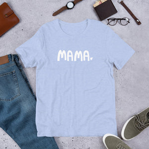 A soft, heather blue color T-shirt with the word Mama in white with a small white heart at the end of the word. The T-shirt makes a wonderful gift for the moms you know. 