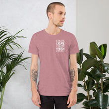 Load image into Gallery viewer, A man wearing an orchid pink short sleeved t-shirt. The tee features the lettering and illustration in white. The phrase &quot;create, create, create, create, create&quot; is in a small rectangle on the upper left side. 