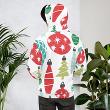 Load image into Gallery viewer, The back of a men&#39;s hoodie with Christmas illustrated ornaments all over the fabric. The Christmas ornaments are in red, green, light green and light blue. 