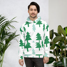 Load image into Gallery viewer, A man wearing a white hoodie with illustrated pine trees all over the fabric including the hood. The pine trees colors are in light and dark green.