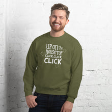 Load image into Gallery viewer, A man wearing an olive green sweatshirt featuring hand drawn lettering with the words &quot;Up on the housetop, click, click, click&quot; in white. There are three white stars around the words. 