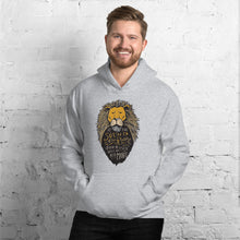 Load image into Gallery viewer, A man wearing a light grey hoodie. The hoodie features hand drawn illustration of the Chronicles of Narnia lion character Aslan. Inside the illustration there is the quote “At The Sound of Your Roar, Sorrows Will Be No More.”
