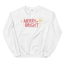 Load image into Gallery viewer, A white sweatshirt on a white background. The sweatshirt features the words Merry and Bright with illustrated Christmas stars around it. The words are in red and star illustrations are in yellow.