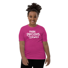 Load image into Gallery viewer, A comfy girls T-shirt in a berry pink color with white lettering in the words More Precious Than Jewels with a small jewel in the corner of the words. This Christian girls tee is inspired by Proverbs 3:15-18.