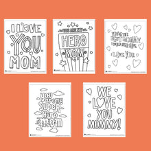 Load image into Gallery viewer, An orange background with five images showing the Mother&#39;s Day coloring sheets. 
