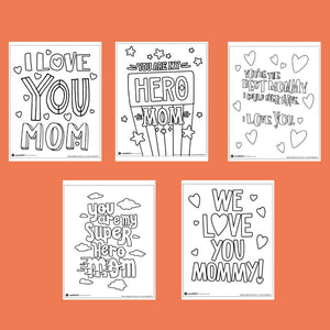 An orange background with five images showing the Mother's Day coloring sheets. 