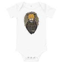 Load image into Gallery viewer, A white baby onesie on a white background. The onesie features an illustration of the Aslan character. Inside the illustration there is the quote “At The Sound of Your Roar, Sorrows Will Be No More.”