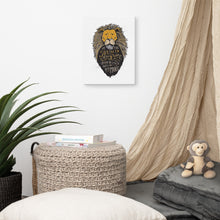 Load image into Gallery viewer, A canvas hanging on the wall of a nursery playroom. The canvas has a white background and features hand drawn illustration of the Chronicles of Narnia lion character Aslan. Inside the illustration there is the quote “At The Sound of Your Roar, Sorrows Will Be No More.”