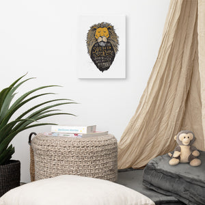 A canvas hanging on the wall of a nursery playroom. The canvas has a white background and features hand drawn illustration of the Chronicles of Narnia lion character Aslan. Inside the illustration there is the quote “At The Sound of Your Roar, Sorrows Will Be No More.”