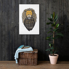 Load image into Gallery viewer, A canvas hanging on a wood panelled wall with a basket and plant below it. The canvas has a white background and features hand drawn illustration of the Chronicles of Narnia lion character Aslan. Inside the illustration there is the quote “At The Sound of Your Roar, Sorrows Will Be No More.”