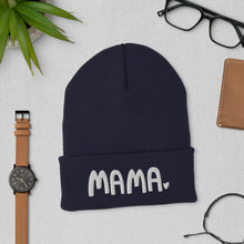 Load image into Gallery viewer, A navy color beanie hat featuring the word Mama with a small heart at the end of the word. The winter hat makes a fun gift for mom.