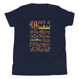 A navy short sleeved T-Shirt on a white background. The artwork features hand drawn lettering of the Narnia quote "Once a king or queen of Narnia, always a king or queen of Narnia."