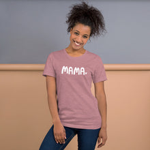 Load image into Gallery viewer, An orchid pink women’s T-shirt featuring the word Mama in white lettering with a white heart after the word. This tee makes a fun gift for moms. 