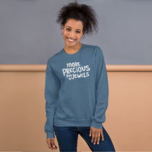 Load image into Gallery viewer, A indigo blue sweatshirt featuring the phrase More Precious Than Jewels in white lettering. This Christian sweatshirt is inspired by Proverbs 3.