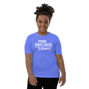 This columbia blue T-shirt is perfect for girls to remember Proverbs 3:15-18. The tee features white lettering artwork with the words More Precious Than Jewels and small jewel in the corner of the words. 