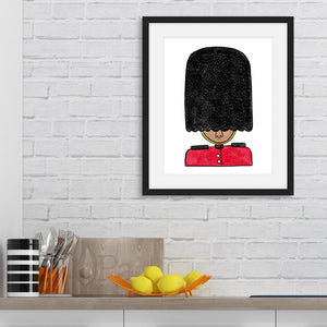 An illustration of a queen's guard inside a black frame. The frame is above a kitchen counter.