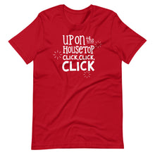 Load image into Gallery viewer, A red T-shirt on a white background. The navy shirt features words in white reading &quot;Up on the housetop, click, click, click&quot; in white. There are three stars around the words in white. 