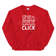 Load image into Gallery viewer, A red sweatshirt on a white background. The sweatshirt has the words &quot;Up on the housetop, click, click, click&quot; in white. There are three white stars around the letters. 