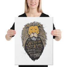 Load image into Gallery viewer, A woman holding a canvas in her hands. The canvas has a white background and features hand drawn illustration of the Chronicles of Narnia lion character Aslan. Inside the illustration there is the quote “At The Sound of Your Roar, Sorrows Will Be No More.”