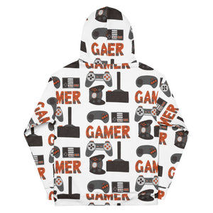 A white hoodie, showing the back of the hoodie, featuring different game controllers and the word "gamer" in a repeat pattern throughout the hoodie. The illustrations and gamer word are in red, grey and black. 