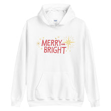 Load image into Gallery viewer, A white hoodie on a white background. The hoodie features the words Merry and Bright in red with illustrated stars around the words in yellow. 