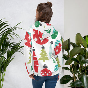 The back of a women's hoodie with Christmas illustrated ornaments all over the fabric. The Christmas ornaments are in red, green, light green and light blue. 