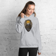 Load image into Gallery viewer, A woman wearing a light grey hoodie. The hoodie features hand drawn illustration of the Chronicles of Narnia lion character Aslan. Inside the illustration there is the quote “At The Sound of Your Roar, Sorrows Will Be No More.”