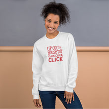 Load image into Gallery viewer, A woman wearing a white sweatshirt featuring hand drawn lettering with the words &quot;Up on the housetop, click, click, click&quot; in red. There are three blue stars around the words. 