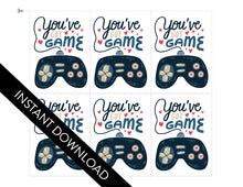 Load image into Gallery viewer, The set of six classroom Valentines shown with the design. The words “instant download” are over the image. The design features the words “You’ve got game” with an illustrated gaming controller. 