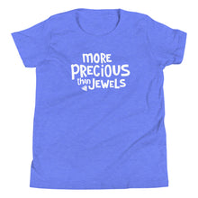 Load image into Gallery viewer, A Columbia Blue tee with the words More Precious Than Jewels in the middle in white lettering. 