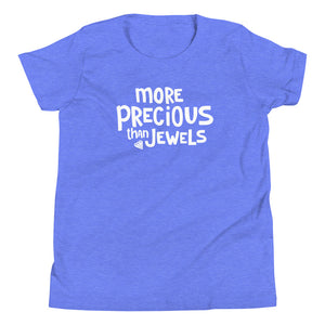 A Columbia Blue tee with the words More Precious Than Jewels in the middle in white lettering. 